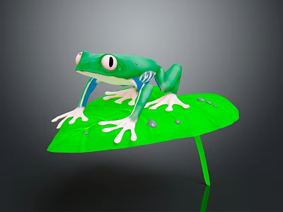 Green Frog Perched On Fresh Green Leaf With Water Droplets Against Dark Background 3d model