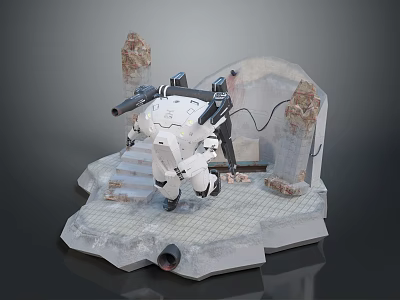White Mechanical Game Character With Black Weaponry On Damaged Walls Stairs And Metal Grate Floor 3d model