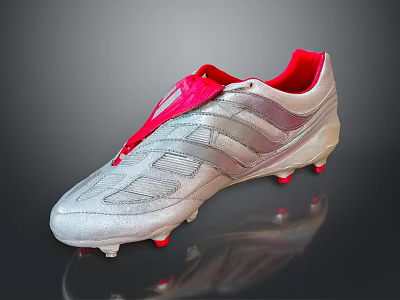 Silver Soccer Cleats With Red Laces Striped Upper And Studded Sole Design 3d model