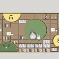 Wooden Bookcase Design With Circular Compartments Green Backdrop Star Decorations And Cartoon Figures