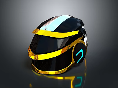 Futuristic Helmet Design With Black Gold Stripes And Blue Accent Lights 3d model