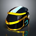 Futuristic Helmet Design With Black Gold Stripes And Blue Accent Lights