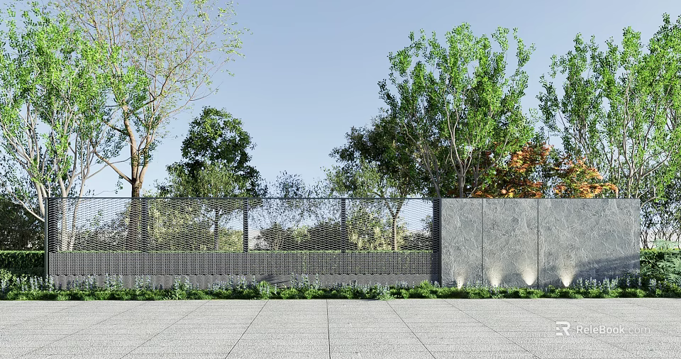 Modern Garden Wall Design With Green Trees Paved Ground And Blue Sky 3d model 