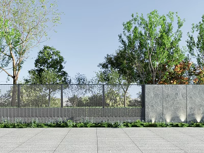 Modern Garden Wall Design With Green Trees Paved Ground And Blue Sky 3d model