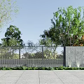 Modern Garden Wall Design With Green Trees Paved Ground And Blue Sky 3d model