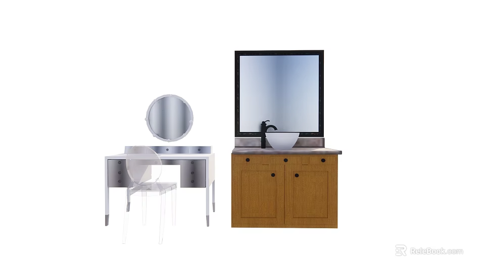 Stylish Round and Square Mirrors with Dressing Table Chair and Bathroom Vanity Sink 3d model 