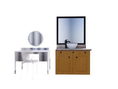 Stylish Round and Square Mirrors with Dressing Table Chair and Bathroom Vanity Sink 3d model