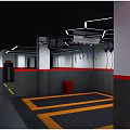 Automotive Store Interior With Yellow Shelves Gray Floor Yellow Parking Lines And Black Ceiling