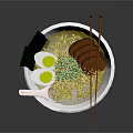 Bowl of Ramen Noodles With Soft Boiled Eggs Seaweed Sliced Meat Chopsticks And Spoon