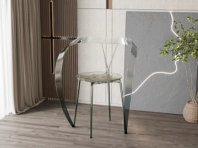Modern Dining Chair with Transparent Glass Seat Metal Frame Wooden Floor and Potted Plant 3d model