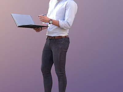 Man Standing With Open Laptop Wearing Light Blue Shirt Dark Jeans And Brown Belt 3d model