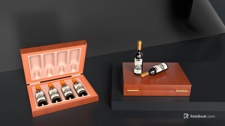 Decorative Ornament Set With Open Wooden Wine Box Wine Bottles And Wooden Tray 3d model 