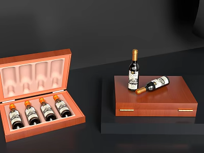 Decorative Ornament Set With Open Wooden Wine Box Wine Bottles And Wooden Tray 3d model
