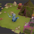 Cartoon Character In Green Grass Field With Green Tent Wooden Crates And Satellite Dish