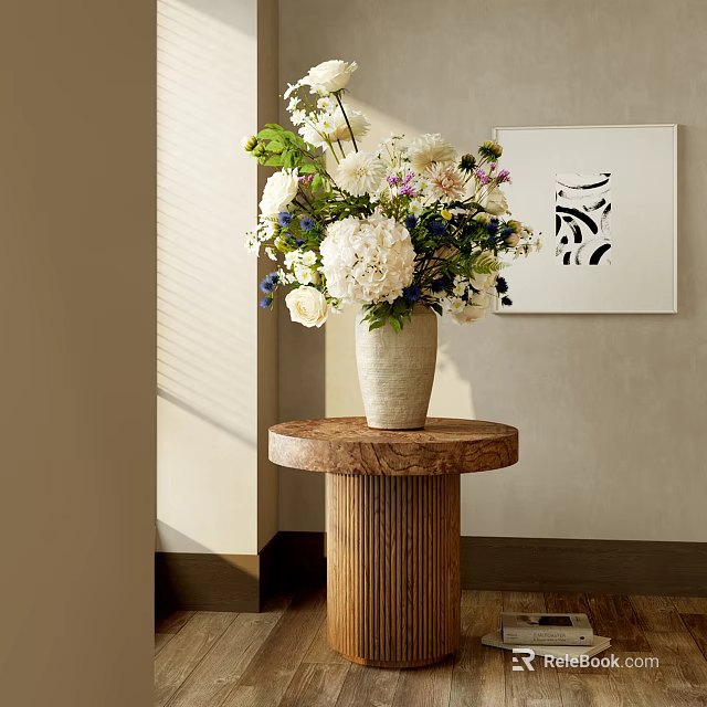 Fresh Flowers In Ceramic Vase On Round Wooden Table With Wall Art And Natural Light 3d model 