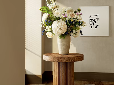 Fresh Flowers In Ceramic Vase On Round Wooden Table With Wall Art And Natural Light 3d model