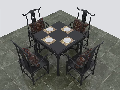 Black Chinese Style Square Dining Table Set with Carved Chairs and Decorative Cushions 3d model