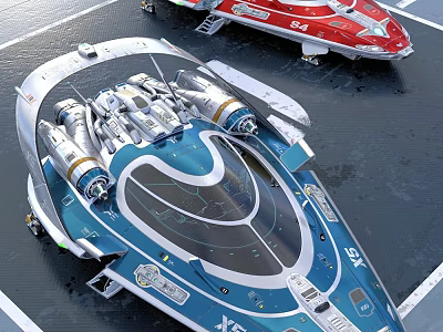 Two Blue White and Red Fighter Jets with Cockpit Engines on Tarmac 3d model