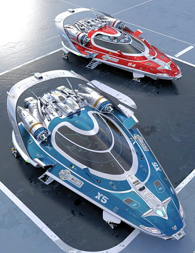 Two Blue White and Red Fighter Jets with Cockpit Engines on Tarmac 3d model