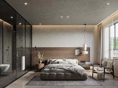 Modern Bedroom Interior With Wooden Headboard Plush Bed Area Rug Pendant Light And Green Plant 3d model