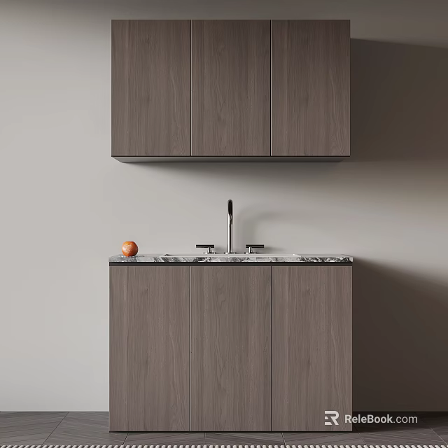 Modern Wooden Balcony Cabinet With Marble Countertop And Faucet Storage 3d model 
