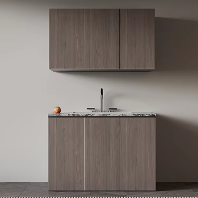 Modern Wooden Balcony Cabinet With Marble Countertop And Faucet Storage 3d model