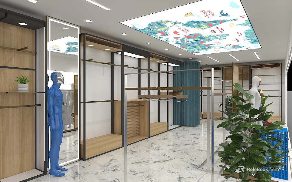 Modern Clothing Store Interior With Display Racks Mannequin And Marble Flooring 3d model 