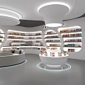 Modern Luxury Cosmetics Store With White Curved Shelves Round Display Stand And White Sofa