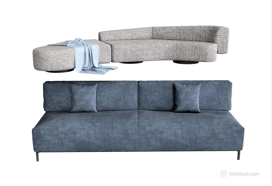 Modern Modular Sofa Set With Curved Section Straight Seats And Soft Throw Blanket 3d model