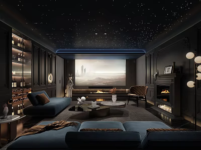 Modern Home Theater Interior With Starry Ceiling Projection Screen And Fireplace 3d model