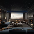 Modern Home Theater Interior With Starry Ceiling Projection Screen And Fireplace 3d model