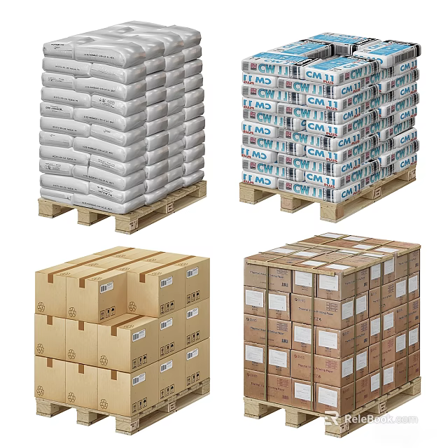 Stacked Goods Pallets With White Bags Cardboard Boxes And Cartons 3d model 