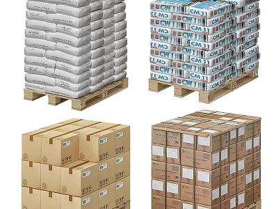 Stacked Goods Pallets With White Bags Cardboard Boxes And Cartons 3d model