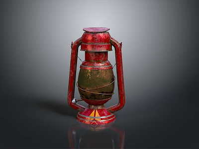 Vintage Red Kerosene Lamp With Metal Frame Glass Shade And Decorative Base 3d model