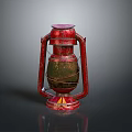Vintage Red Kerosene Lamp With Metal Frame Glass Shade And Decorative Base