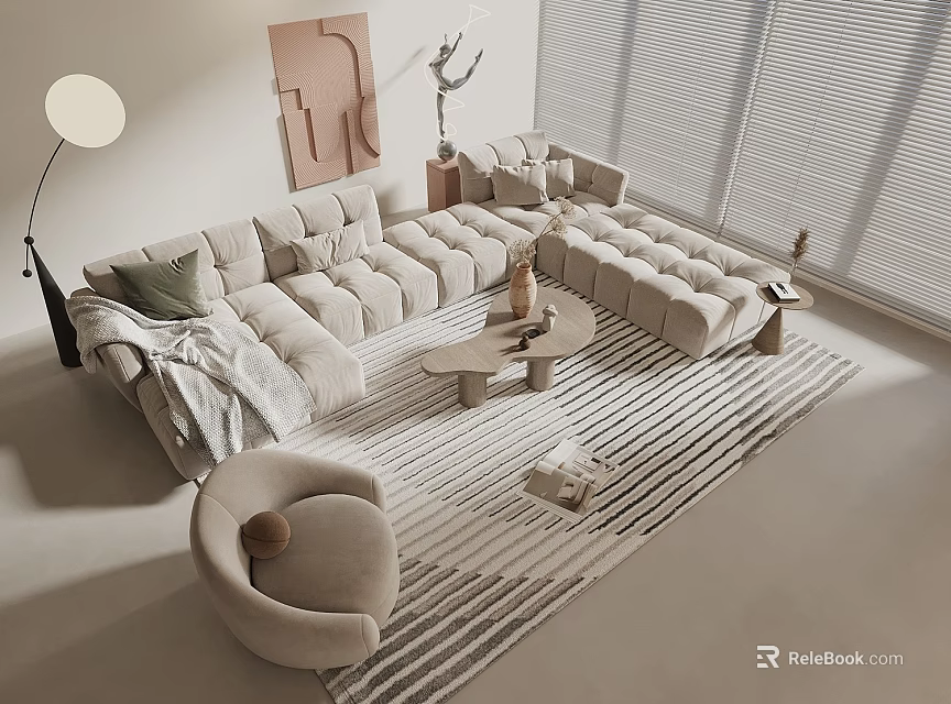 Modern Plush Sectional Sofa Coffee Table Combination With Accent Chair And Striped Rug 3d model 