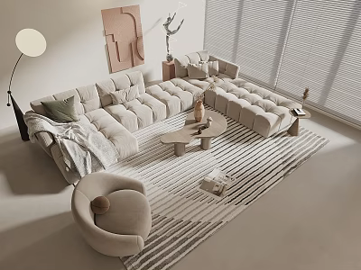 Modern Plush Sectional Sofa Coffee Table Combination With Accent Chair And Striped Rug 3d model