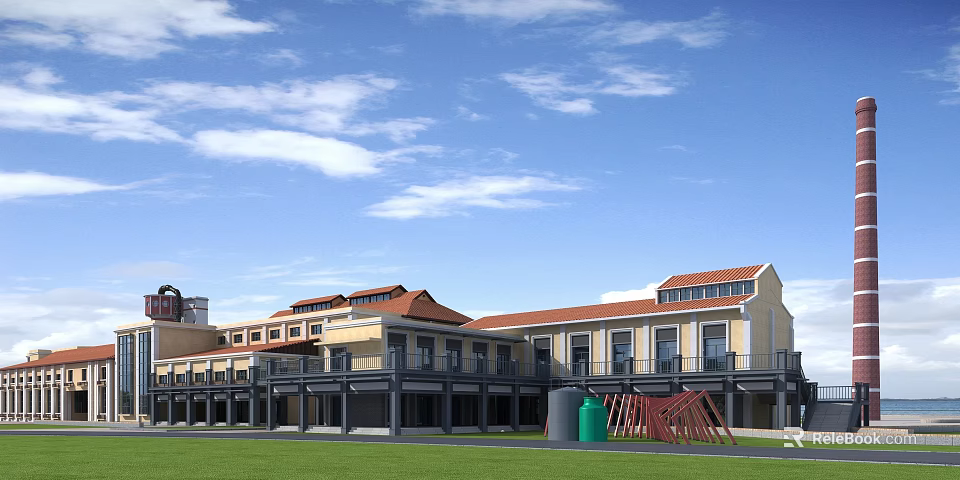 Industrial Factory Building With Red Roof Multi Story Structure Windows Green Lawn And Industrial Facilities 3d model 