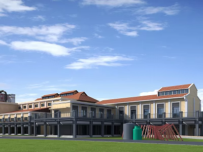 Industrial Factory Building With Red Roof Multi Story Structure Windows Green Lawn And Industrial Facilities 3d model