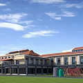 Industrial Factory Building With Red Roof Multi Story Structure Windows Green Lawn And Industrial Facilities