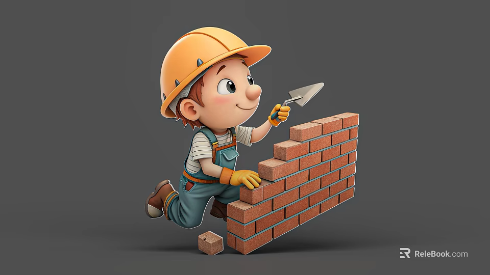 Young Boy Wearing Yellow Construction Helmet Building Brick Wall With Trowel And Overalls 3d model 