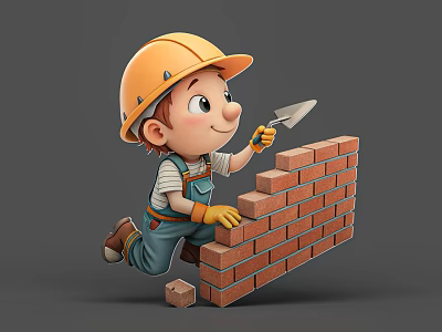 Young Boy Wearing Yellow Construction Helmet Building Brick Wall With Trowel And Overalls 3d model