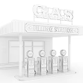 Cartoon Gas Filling Station With Green Yellow Pumps Blue White Striped Roof And Red Pillars