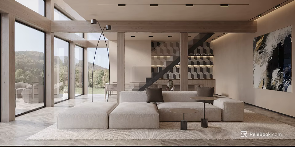 Minimalist Modern Living Room Interior With Light Sofa Large Windows And Wooden Staircase 3d model 