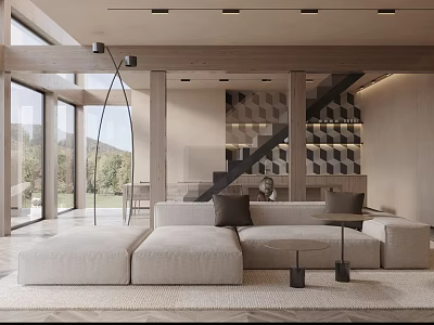 Minimalist Modern Living Room Interior With Light Sofa Large Windows And Wooden Staircase 3d model