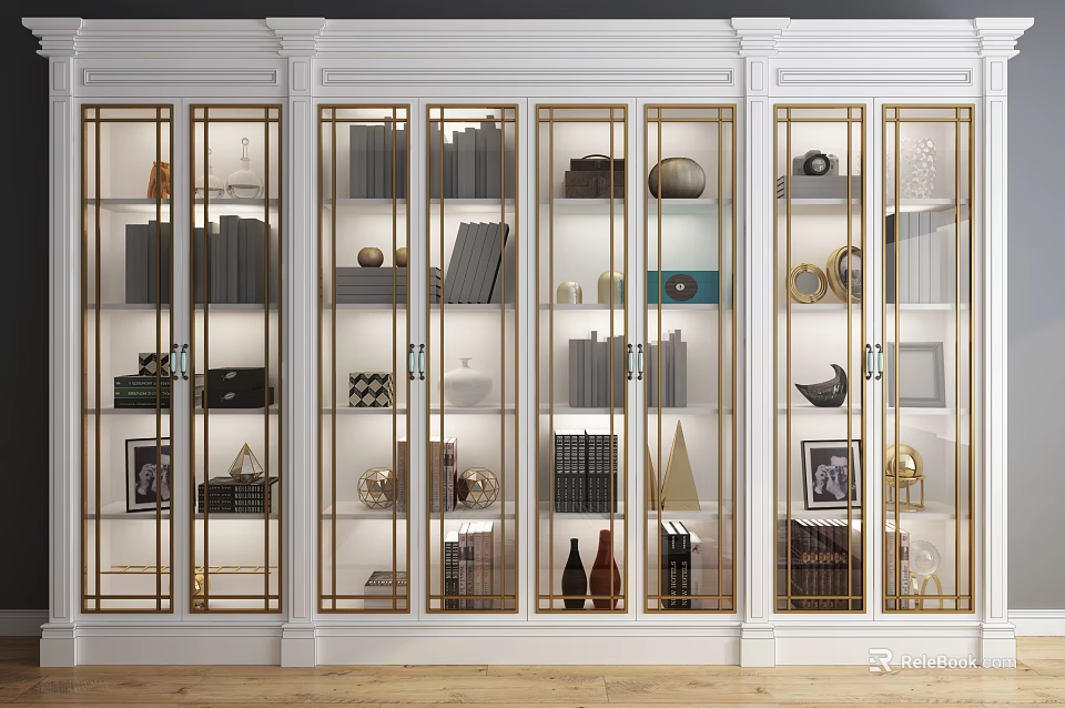 Elegant Modern White Frame Glass Door Bookcase With Golden Accents Decorative Items And Books 3d model 
