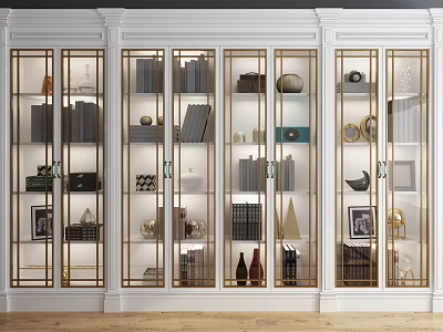 Elegant Modern White Frame Glass Door Bookcase With Golden Accents Decorative Items And Books 3d model