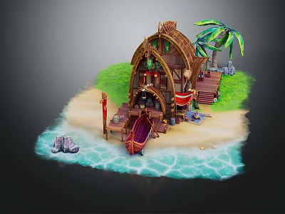 Tropical Beach Hut With Wooden Deck Palm Tree And Canoe On Sandy Shore 3d model