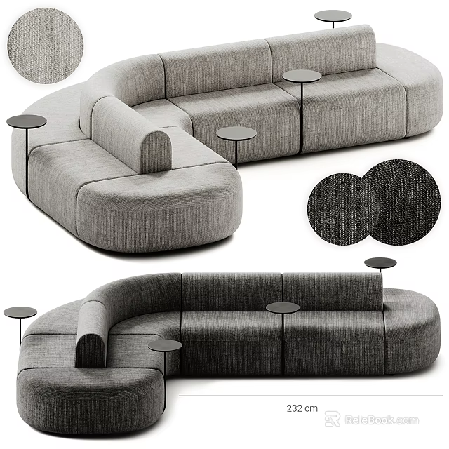 Modern Gray Fabric Sectional Sofa With Curved Modular Design And Small Round Side Tables 3d model 