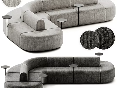 Modern Gray Fabric Sectional Sofa With Curved Modular Design And Small Round Side Tables 3d model